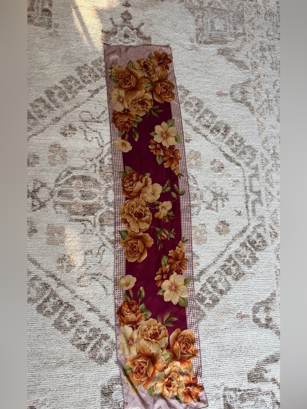 Vintage OSCAR by Oscar de la Renta 100% Silk Scarf Burgundy Gold Floral